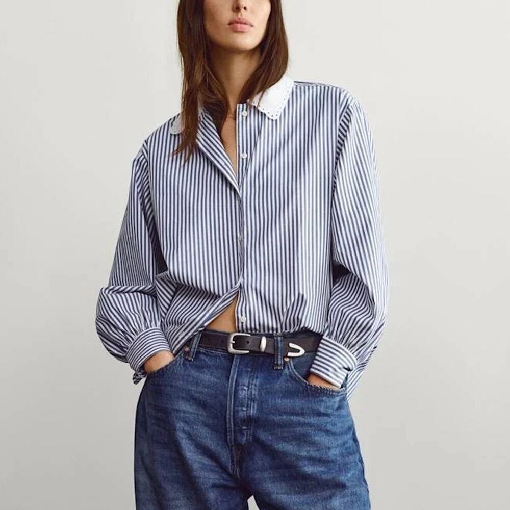 GAP x DÔEN Organic Cotton Blue Stripe Lace Collar Blouse Size XXS